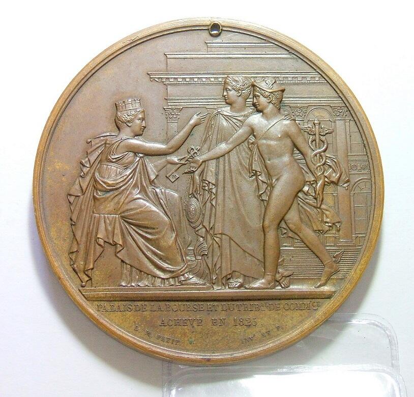 【艺术】法国艺术大章1825年 路易十八和查理十世 巴黎证交所竣工高浮雕精制超大铜章 光边 68MM