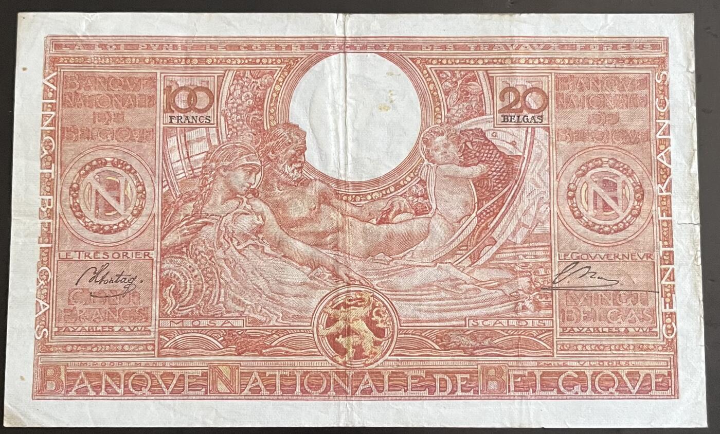 小福收藏拍卖第202期 流通品相裸钞 特惠场 本场全部为欧洲纸币【佣金仅收2% 不设最低佣金 全场包邮】 比利时 1944年 100法郎