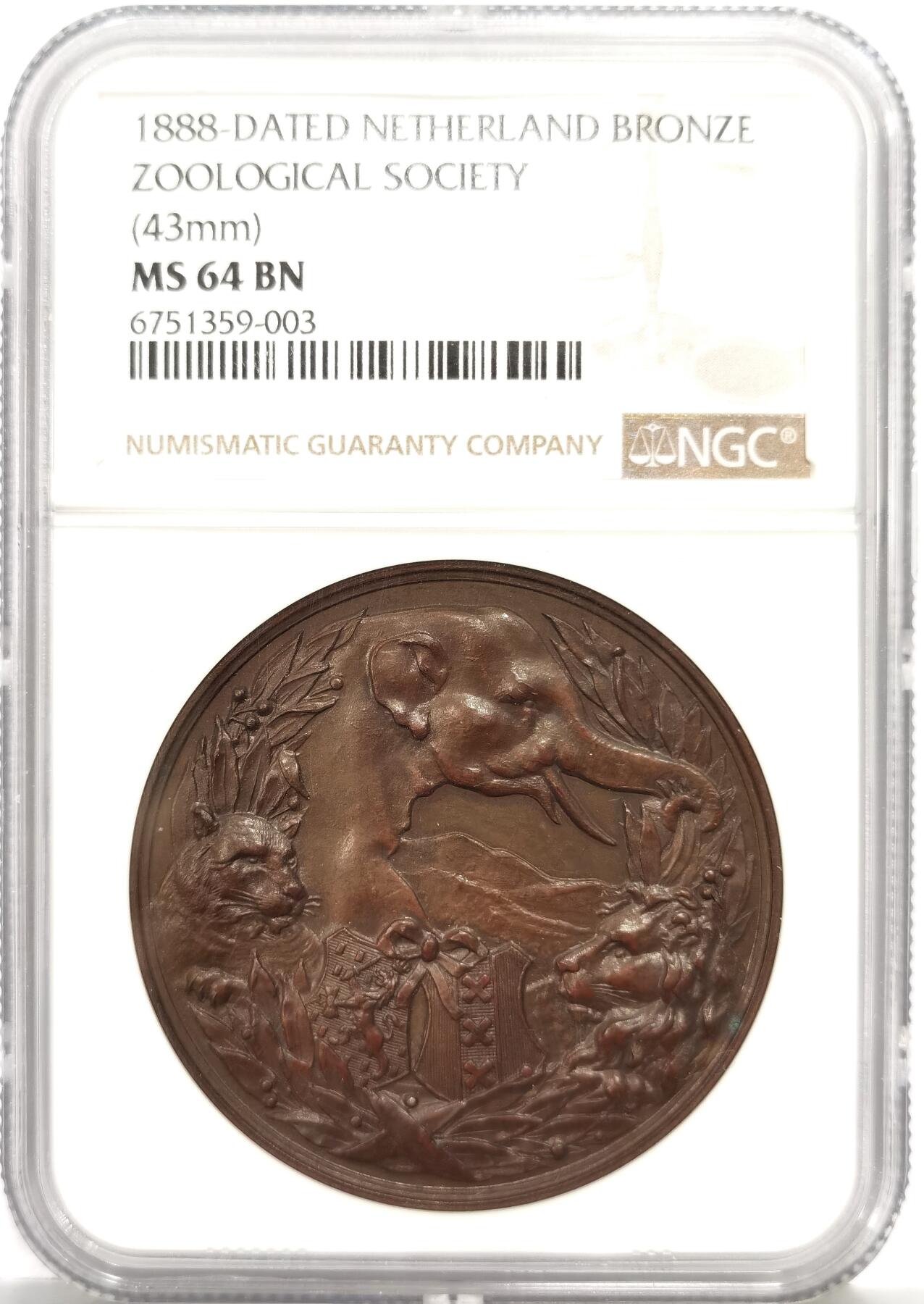 博洋堂世界钱币拍卖第163期（全场包邮） NGC MS64 冠军分！荷兰1888年动物园发行大铜章，吉祥年！动物刻画生动写实。百多年前非常有意义的一枚纪念大铜章，外拍价格较高。