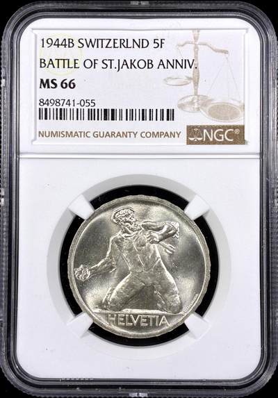 【雨安】【直播拍卖】【第0126期-评级币章】2026-03-07 周六 19:30 (金价1176, 银价22.16) - [评级欧洲] Switzerland 瑞士 5法郎 1944年 圣雅各布比尔斯战役 KM# 45  NGC-MS66
