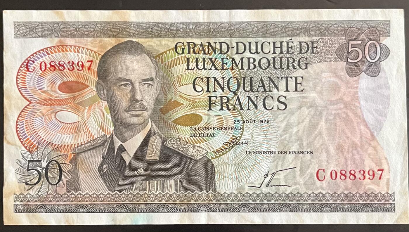 小福收藏拍卖第202期 流通品相裸钞 特惠场 本场全部为欧洲纸币【佣金仅收2% 不设最低佣金 全场包邮】 卢森堡 1972年 50法郎