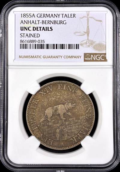 【雨安】【直播拍卖】【第0126期-评级币章】2026-03-07 周六 19:30 (金价1176, 银价22.16) - [评级德国] Germany 德国 德意志 1泰勒 Anhalt-Bernburg安哈特 Thun.003 KM#0084 (1846-1855) 小熊爬墙.大版 1855年  NGC-UNC