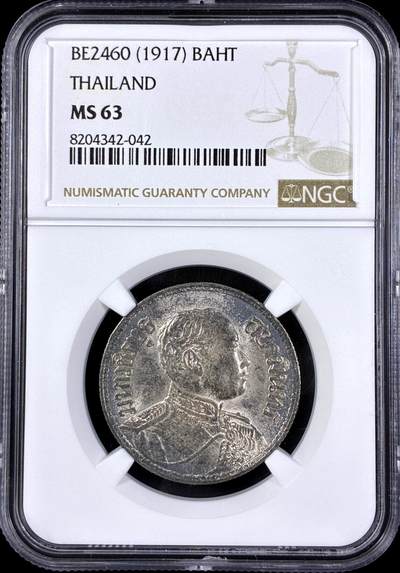 【雨安】【直播拍卖】【第0126期-评级币章】2026-03-07 周六 19:30 (金价1176, 银价22.16) - [评级亚洲] Thailand 泰国 1泰铢 (1913-1918) 拉玛六世 1917年  NGC-MS63 原味包浆