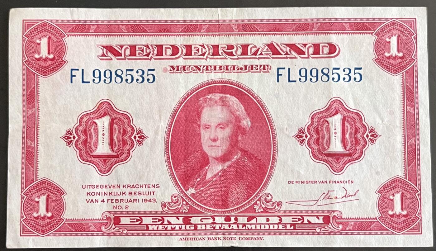 小福收藏拍卖第202期 流通品相裸钞 特惠场 本场全部为欧洲纸币【佣金仅收2% 不设最低佣金 全场包邮】 荷兰 1943年 1盾 XF