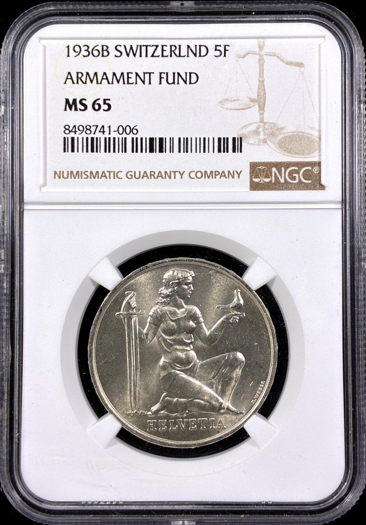 【雨安】【直播拍卖】【第0126期-评级币章】2026-03-07 周六 19:30 (金价1176, 银价22.16) [评级欧洲] Switzerland 瑞士 5法郎 1936年 军备基金 KM# 41  NGC-MS65