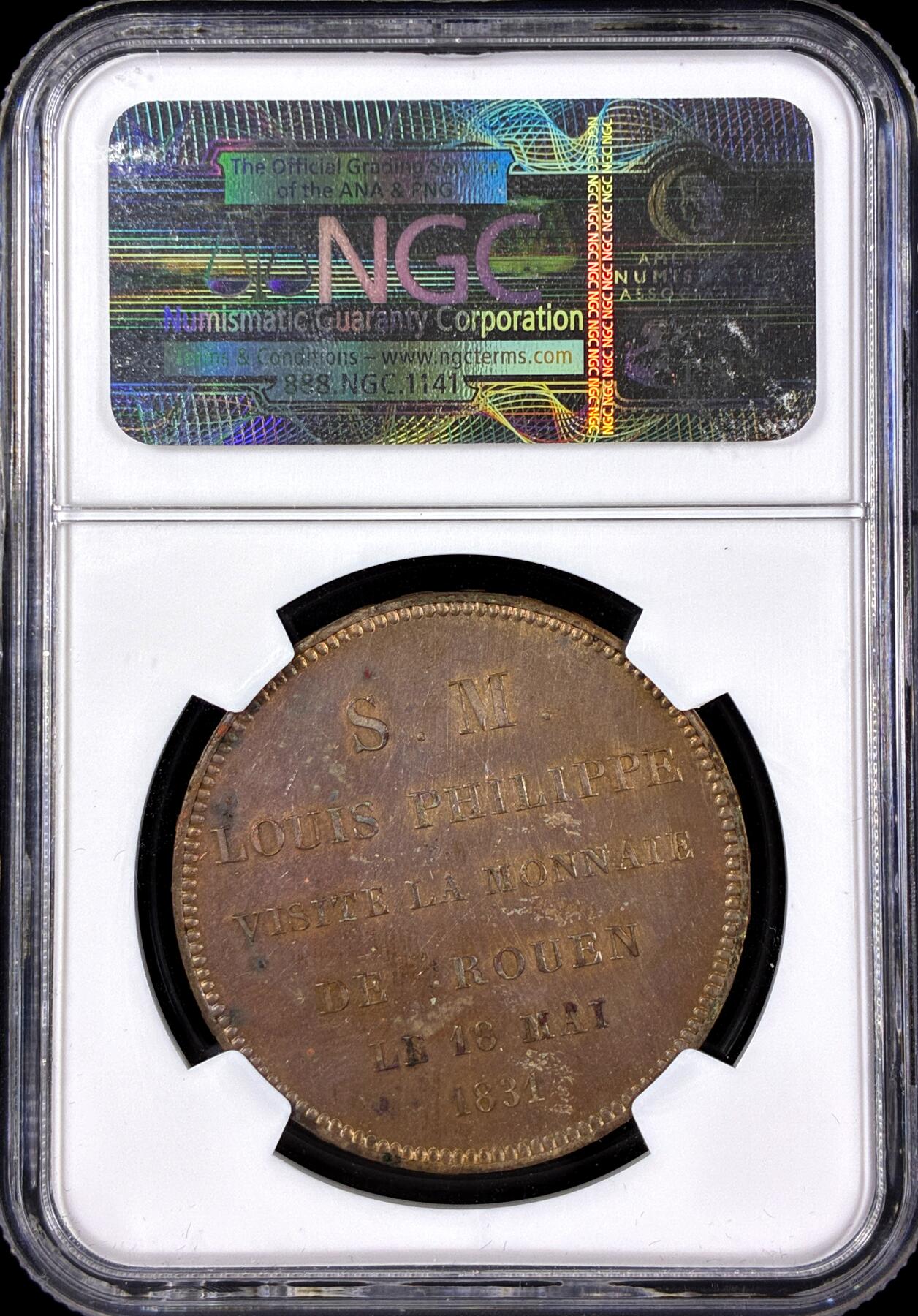 【雨安】【直播拍卖】【第0126期-评级币章】2026-03-07 周六 19:30 (金价1176, 银价22.16) [评级法国] France 法国 样币 Maz1168c 5法郎 1831年 菲利普 铜样 1831年  NGC-MS62 少见铜样