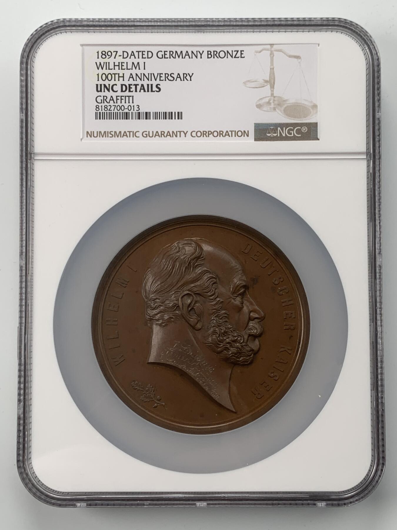 掌中浮雕-藏着的欧洲第053场 NGC UNC : 1897年德国普鲁士威廉一世百年纪念诞辰100周年纪念大铜章 , 75mm 