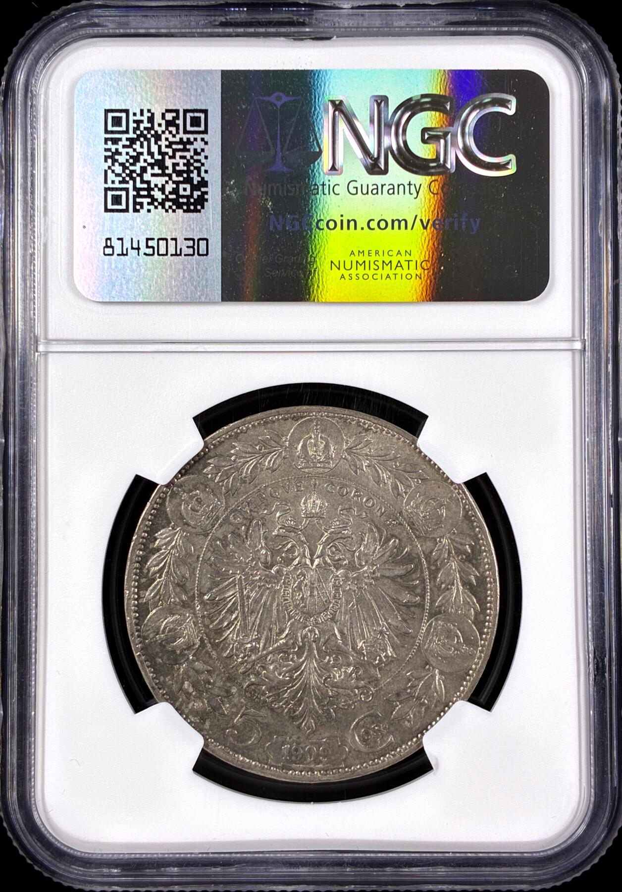 【雨安】【直播拍卖】【第0126期-评级币章】2026-03-07 周六 19:30 (金价1176, 银价22.16) [评级欧洲] Austria 奥地利 5克朗 KM#2814 1909年 小头像  NGC-AU55