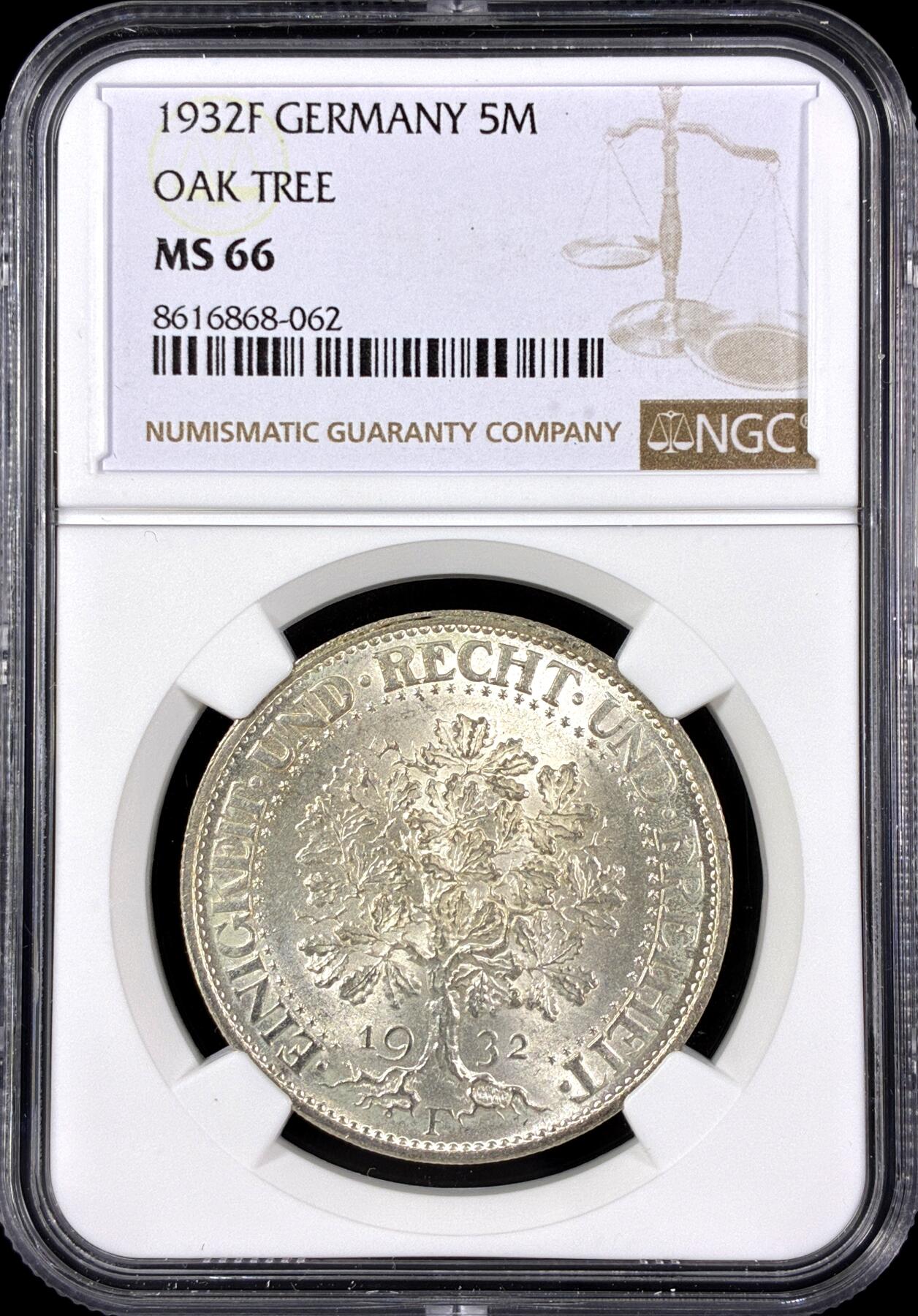 【雨安】【直播拍卖】【第0126期-评级币章】2026-03-07 周六 19:30 (金价1176, 银价22.16) [评级德国] Germany 德国 魏玛 5马克 KM#56 橡树 1932年  NGC-MS66