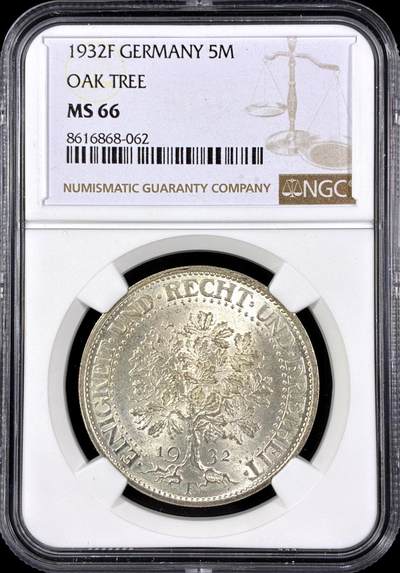 【雨安】【直播拍卖】【第0126期-评级币章】2026-03-07 周六 19:30 (金价1176, 银价22.16) - [评级德国] Germany 德国 魏玛 5马克 KM#56 橡树 1932年  NGC-MS66
