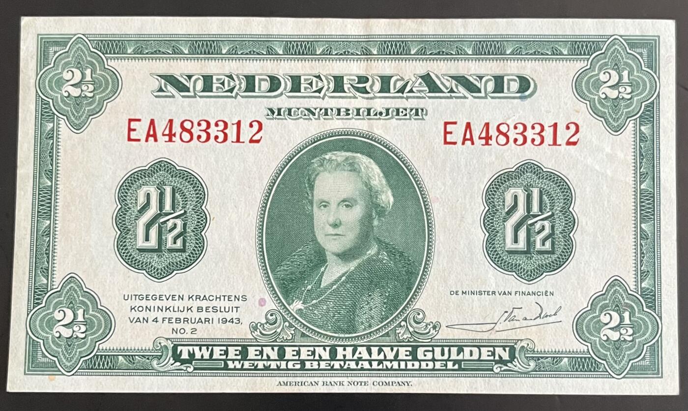 小福收藏拍卖第202期 流通品相裸钞 特惠场 本场全部为欧洲纸币【佣金仅收2% 不设最低佣金 全场包邮】 荷兰 1943年 2又1/2盾 AUNC