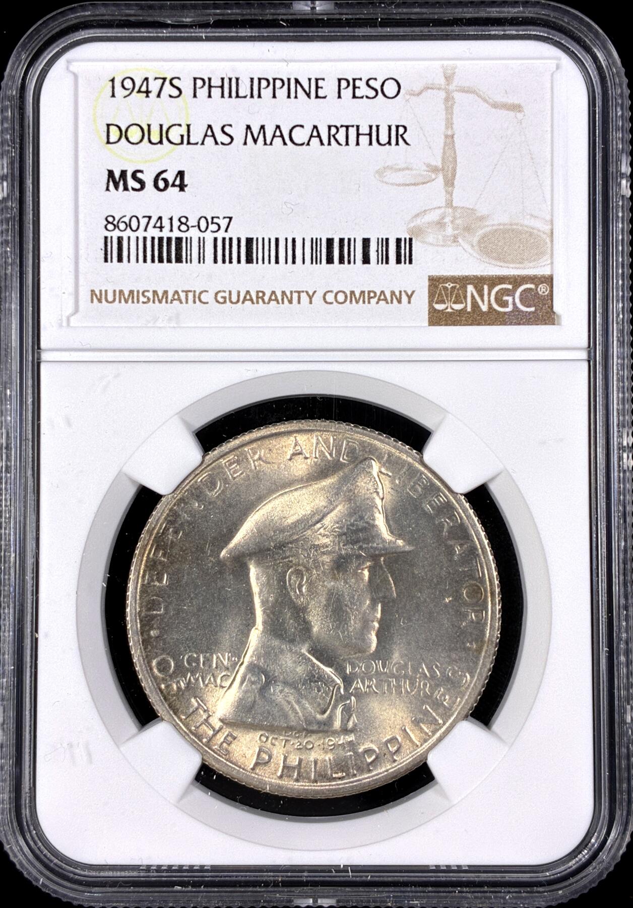 【雨安】【直播拍卖】【第0126期-评级币章】2026-03-07 周六 19:30 (金价1176, 银价22.16) [评级亚洲] Philippines 菲律宾 1比索 1947年 道格拉斯·麦克阿瑟  NGC-MS64