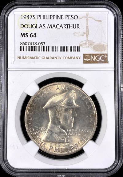 【雨安】【直播拍卖】【第0126期-评级币章】2026-03-07 周六 19:30 (金价1176, 银价22.16) - [评级亚洲] Philippines 菲律宾 1比索 1947年 道格拉斯·麦克阿瑟  NGC-MS64