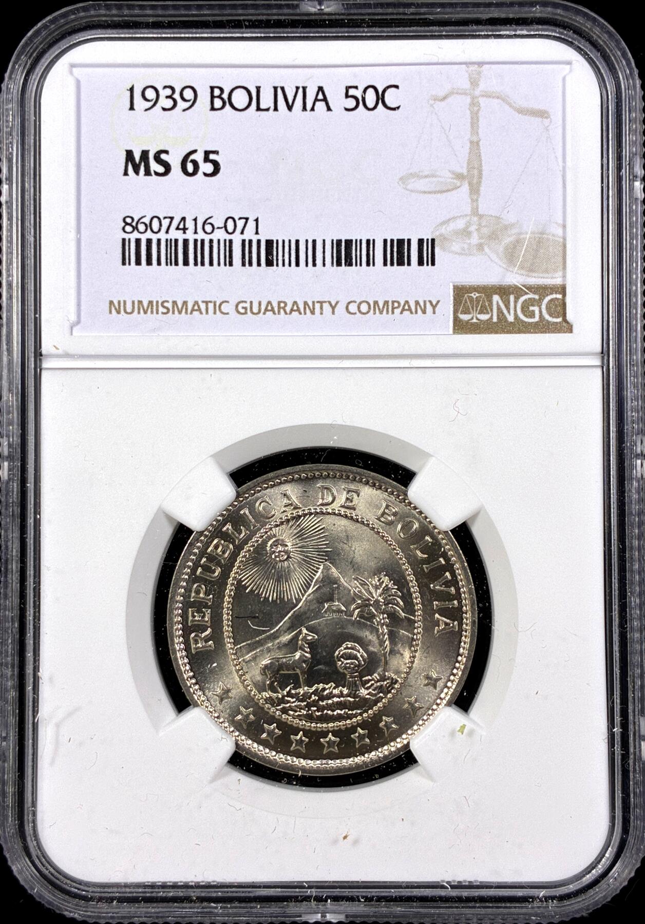 【雨安】【直播拍卖】【第0126期-评级币章】2026-03-07 周六 19:30 (金价1176, 银价22.16) [评级美洲] Bolivia 玻利维亚 50分 1939年  NGC-MS65