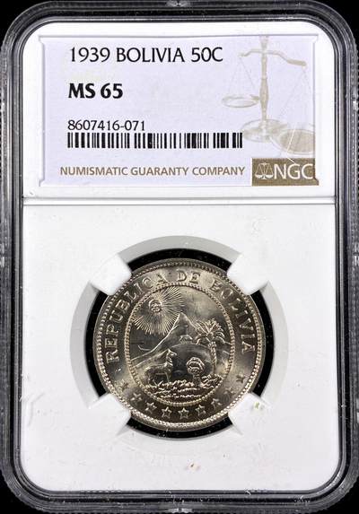 【雨安】【直播拍卖】【第0126期-评级币章】2026-03-07 周六 19:30 (金价1176, 银价22.16) - [评级美洲] Bolivia 玻利维亚 50分 1939年  NGC-MS65