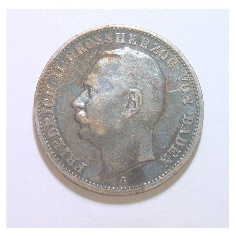 【银】德国巴登1914年 腓特烈二世3马克银币 难得酱五彩爽品