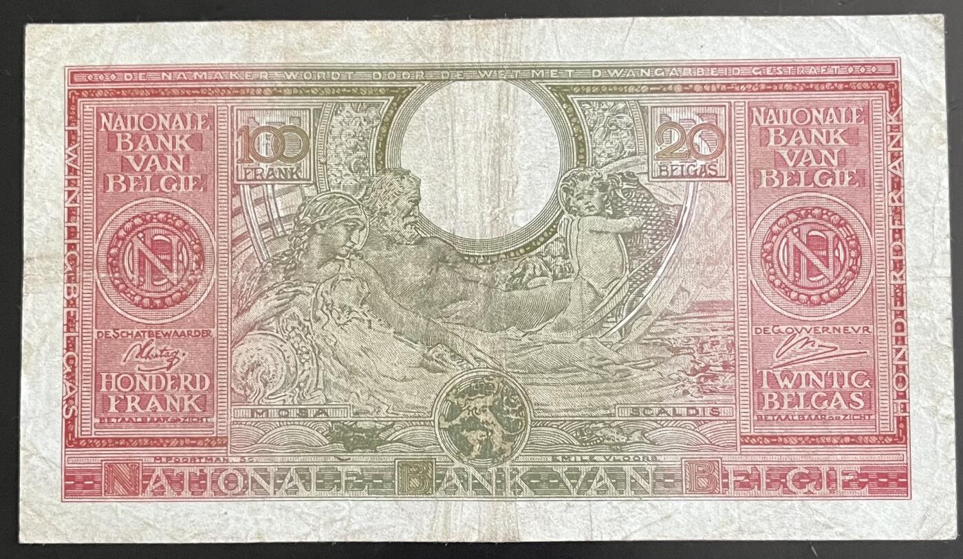 小福收藏拍卖第202期 流通品相裸钞 特惠场 本场全部为欧洲纸币【佣金仅收2% 不设最低佣金 全场包邮】 比利时 1943年 100法郎 Z冠