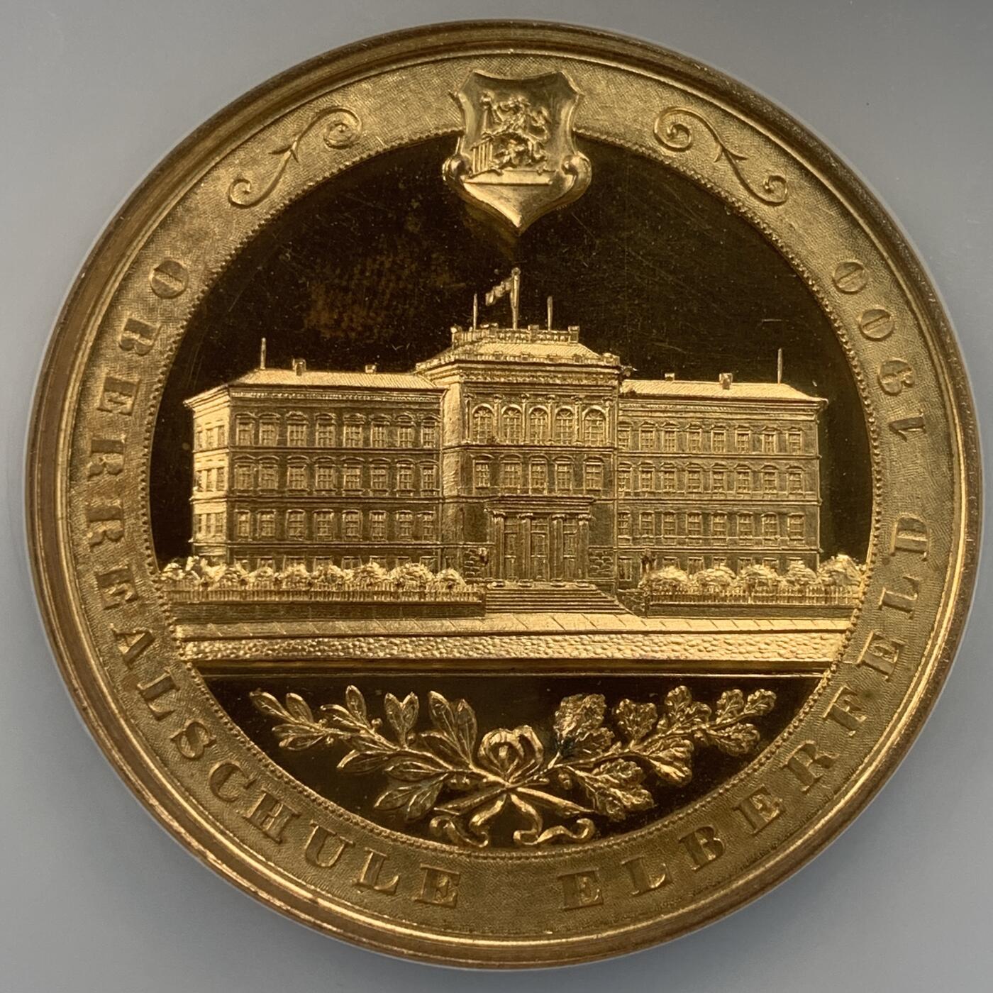掌中浮雕-藏着的欧洲第053场 NGC MS63 : 1900年德国埃尔德菲尔德高等实科学校建校75周年纪念镀金铜章, 50mm