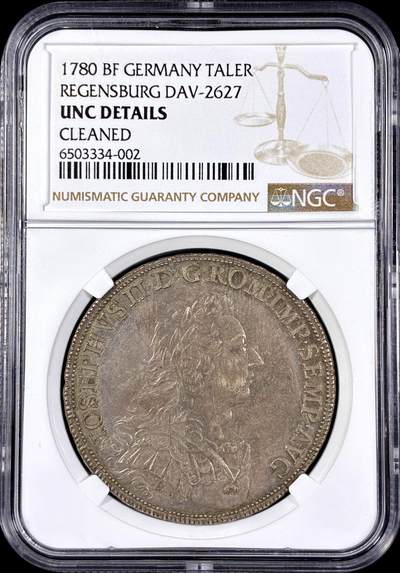 【雨安】【直播拍卖】【第0126期-评级币章】2026-03-07 周六 19:30 (金价1176, 银价22.16) - [评级德国] Germany 德国 德意志 1泰勒 Regensburg雷根斯堡 KM#0436 DAV-2627 (1780) 景观泰勒 1780年  NGC-UNC 极美细节, 深打 非常难得的品种