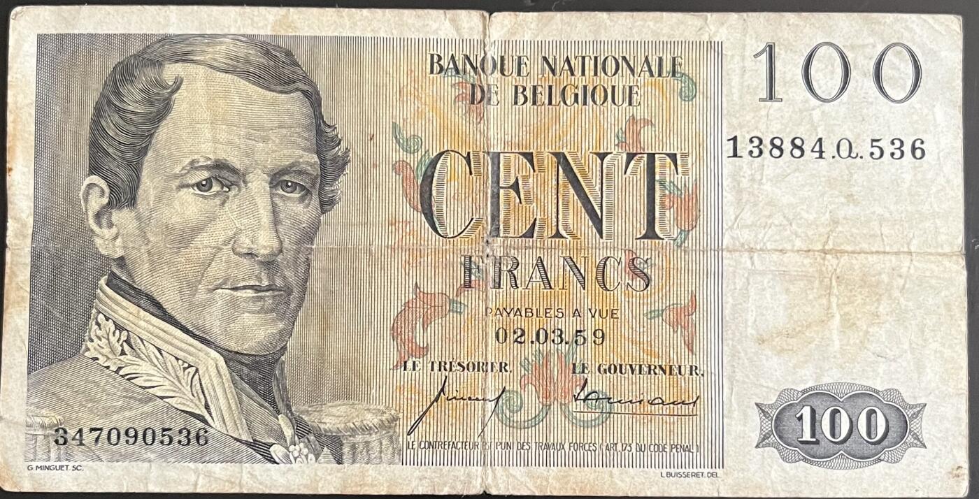 小福收藏拍卖第202期 流通品相裸钞 特惠场 本场全部为欧洲纸币【佣金仅收2% 不设最低佣金 全场包邮】 比利时 1959年 100法郎
