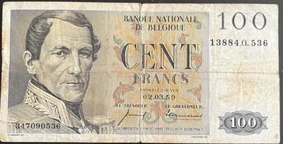 小福收藏拍卖第202期 流通品相裸钞 特惠场 本场全部为欧洲纸币【佣金仅收2% 不设最低佣金 全场包邮】 - 比利时 1959年 100法郎