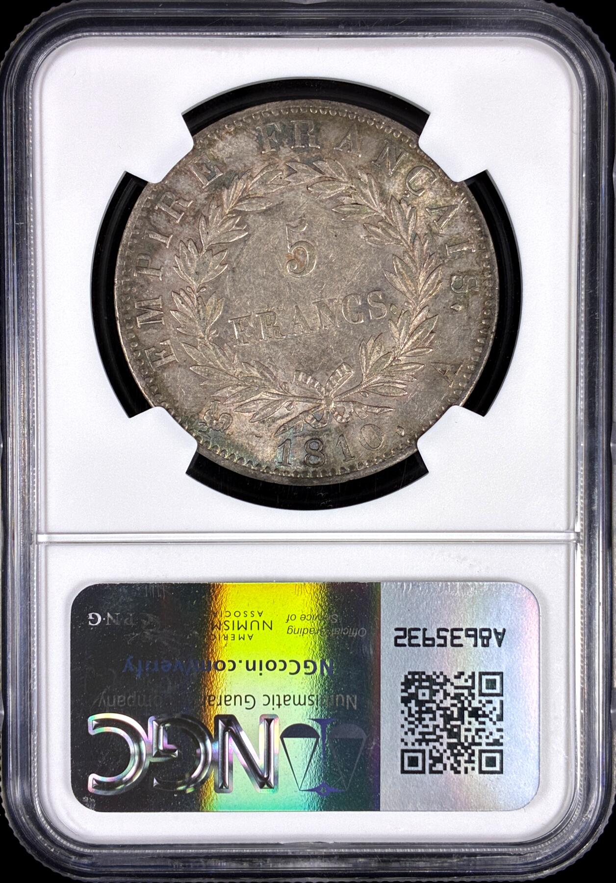 【雨安】【直播拍卖】【第0126期-评级币章】2026-03-07 周六 19:30 (金价1176, 银价22.16) [评级法国] France 法国 5法郎 KM#0694 (1809-1814) 拿破仑一世 1810年  NGC-AU55 原味欧洲淡彩包浆