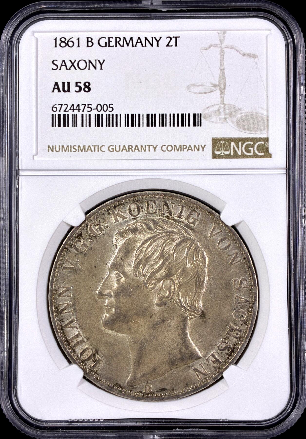 【雨安】【直播拍卖】【第0126期-评级币章】2026-03-07 周六 19:30 (金价1176, 银价22.16) [评级德国] Germany 德国 德意志 2泰勒 Saxony萨克森 Thun.347 KM#1215 (1861) 约翰.双狮 1861年  NGC-AU58