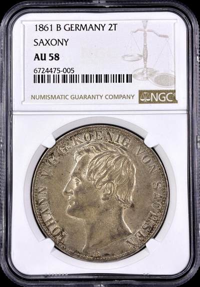 【雨安】【直播拍卖】【第0126期-评级币章】2026-03-07 周六 19:30 (金价1176, 银价22.16) - [评级德国] Germany 德国 德意志 2泰勒 Saxony萨克森 Thun.347 KM#1215 (1861) 约翰.双狮 1861年  NGC-AU58