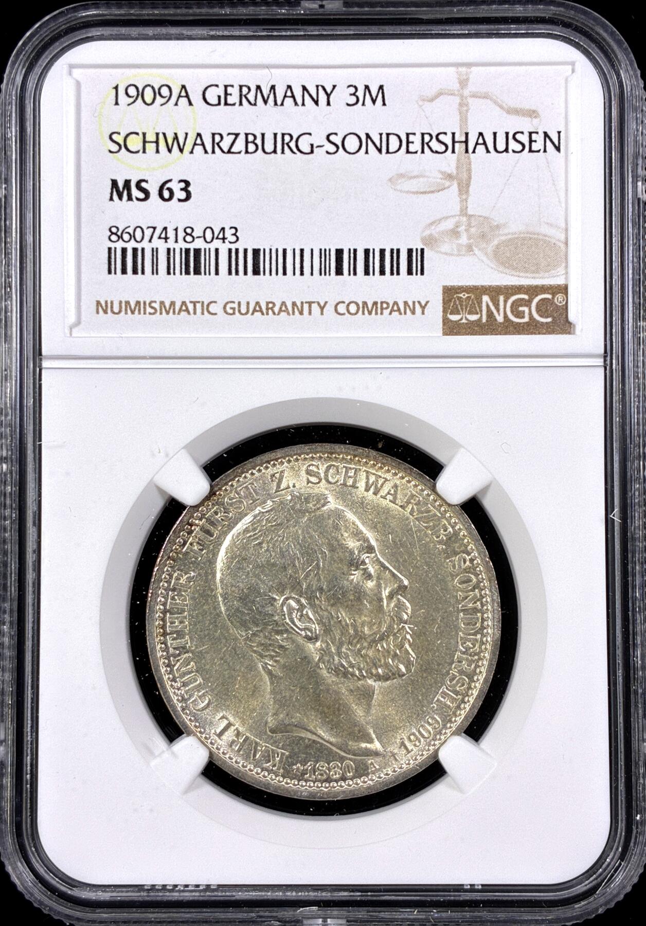 【雨安】【直播拍卖】【第0126期-评级币章】2026-03-07 周六 19:30 (金价1176, 银价22.16) [评级德国] Germany 德国 帝国 施瓦茨堡-松德斯豪森 3马克 1909年  NGC-MS63