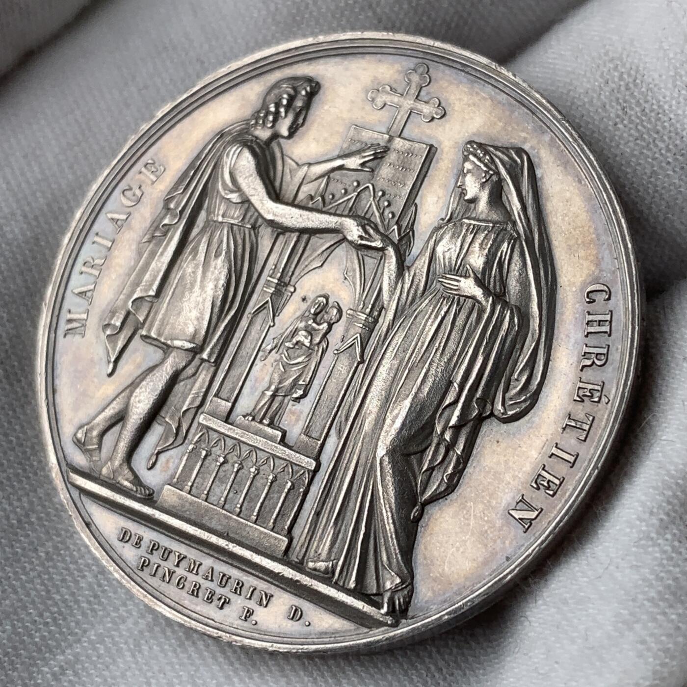 掌中浮雕-藏着的欧洲第053场 1839年法国古典银婚章，油灯边铭，41.5mm，32g