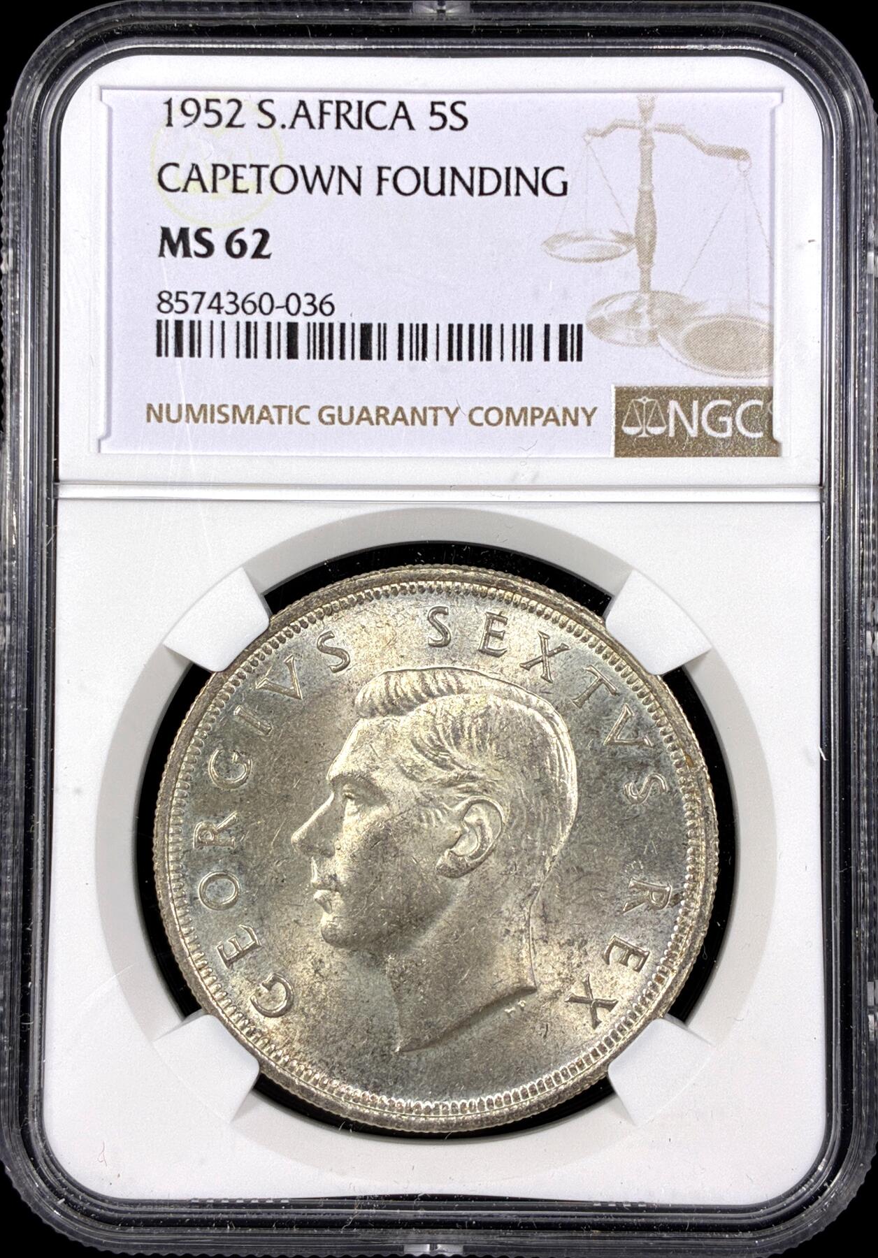 【雨安】【直播拍卖】【第0126期-评级币章】2026-03-07 周六 19:30 (金价1176, 银价22.16) [评级非洲] South Africa 南非 5先令 1952年 乔治五世 发现开普敦  NGC-MS62