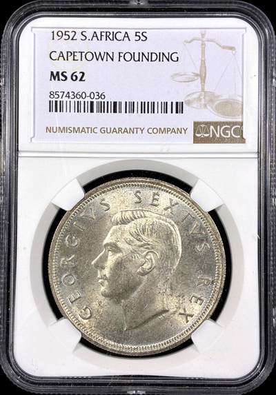【雨安】【直播拍卖】【第0126期-评级币章】2026-03-07 周六 19:30 (金价1176, 银价22.16) - [评级非洲] South Africa 南非 5先令 1952年 乔治五世 发现开普敦  NGC-MS62