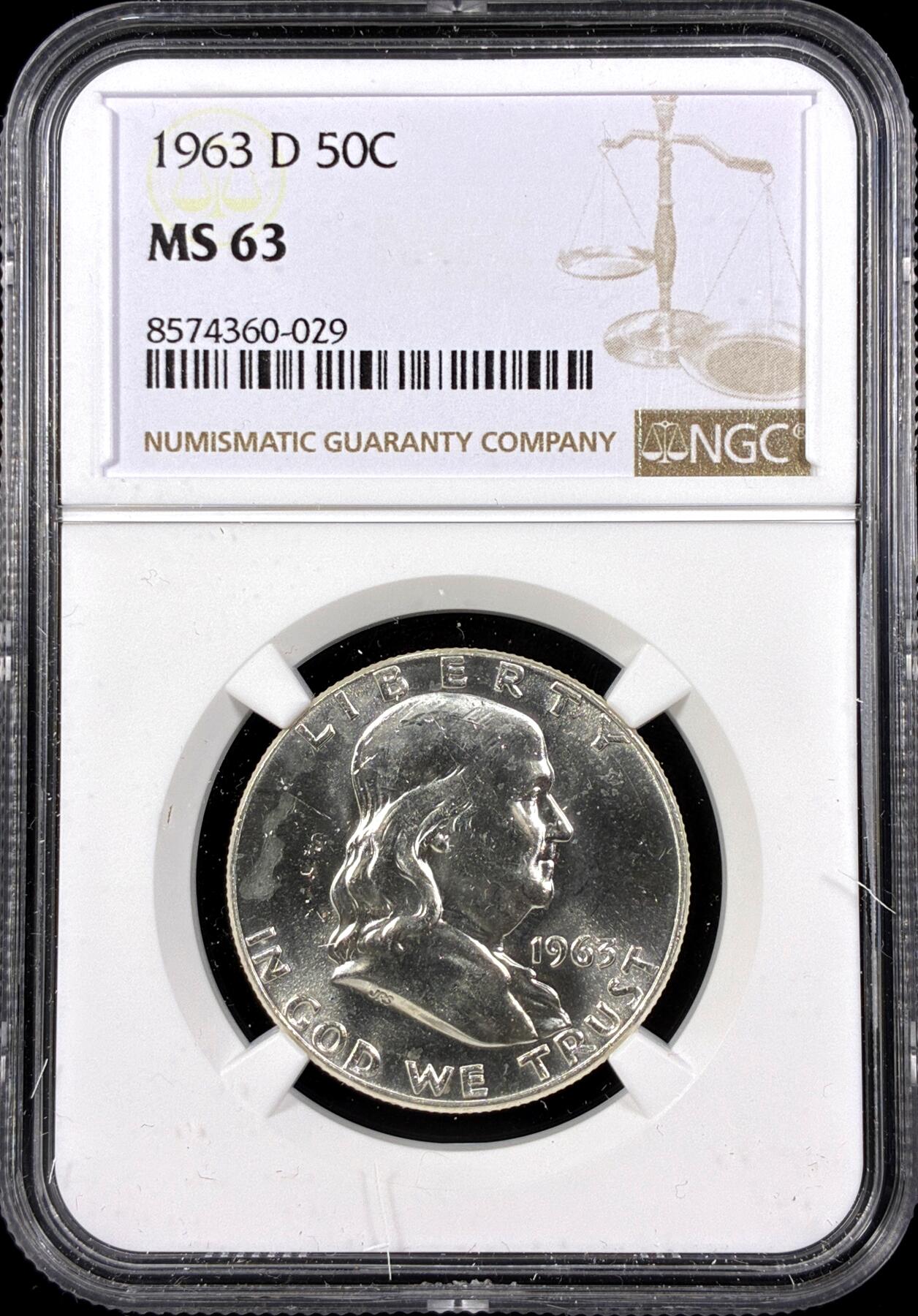 【雨安】【直播拍卖】【第0126期-评级币章】2026-03-07 周六 19:30 (金价1176, 银价22.16) [评级美洲] USA 美国 50美分 (1948-1963) 富兰克林 半美元 [12.50 g., 0.900 Silver] 1963年D  NGC-MS63