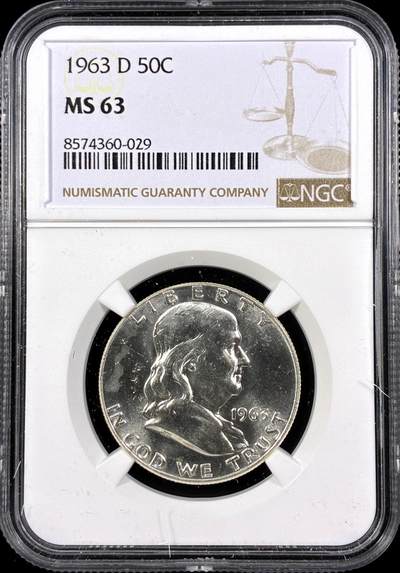 【雨安】【直播拍卖】【第0126期-评级币章】2026-03-07 周六 19:30 (金价1176, 银价22.16) - [评级美洲] USA 美国 50美分 (1948-1963) 富兰克林 半美元 [12.50 g., 0.900 Silver] 1963年D  NGC-MS63