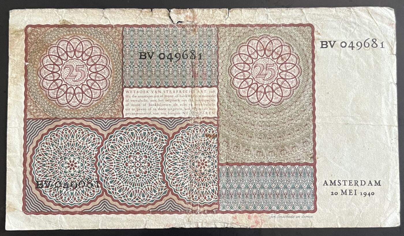 小福收藏拍卖第202期 流通品相裸钞 特惠场 本场全部为欧洲纸币【佣金仅收2% 不设最低佣金 全场包邮】 荷兰 1940年 25盾
