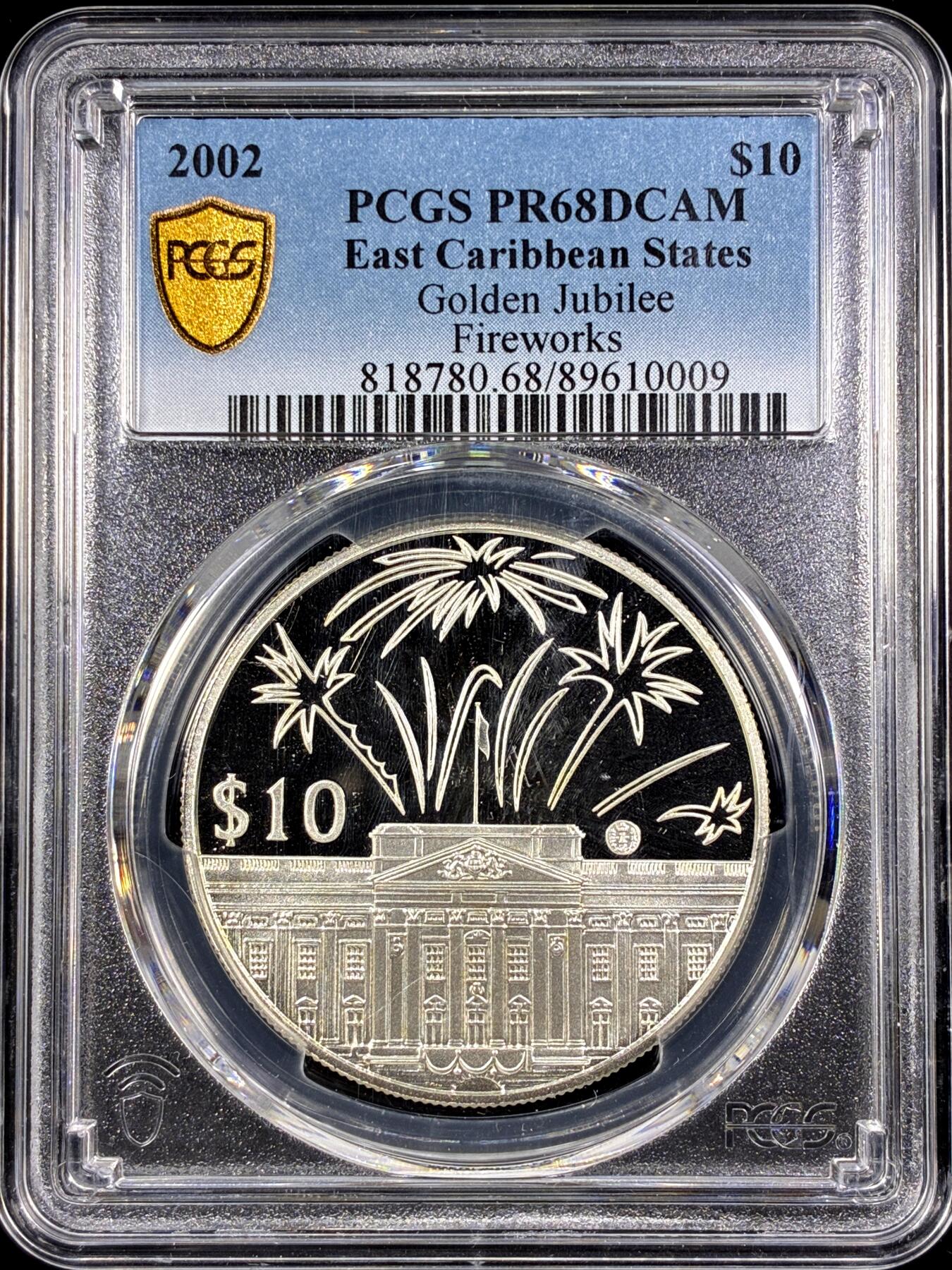 【雨安】【直播拍卖】【第0126期-评级币章】2026-03-07 周六 19:30 (金价1176, 银价22.16) [评级现代] East Caribbean States 东加勒比 10元 2002年 伊丽莎白二世登基50周年 PCGS-PR68DCAM 精制币