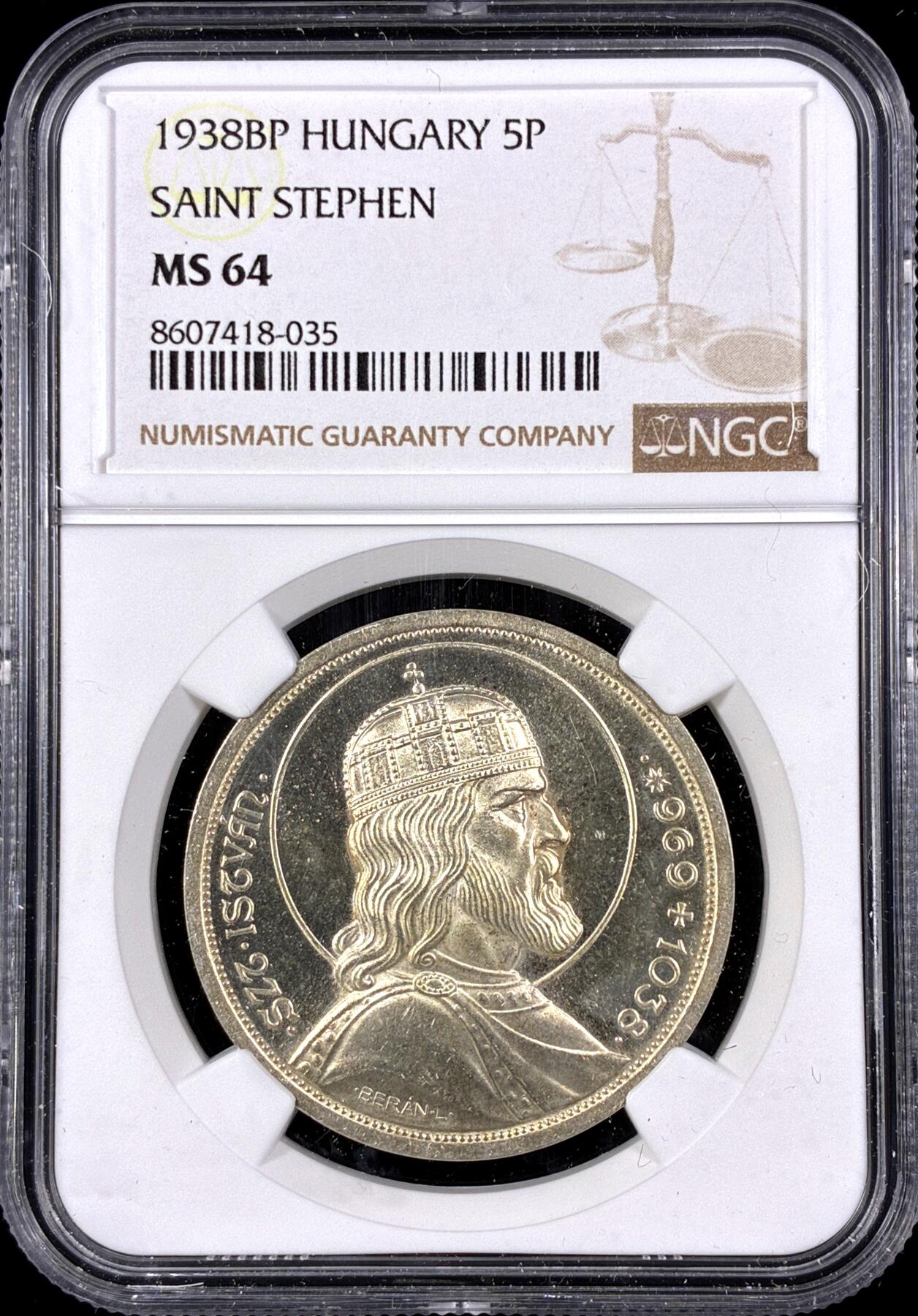 【雨安】【直播拍卖】【第0126期-评级币章】2026-03-07 周六 19:30 (金价1176, 银价22.16) [评级欧洲] Hungary 匈牙利 5潘果 1938年 匈牙利首位国王圣斯蒂芬一世  NGC-MS64