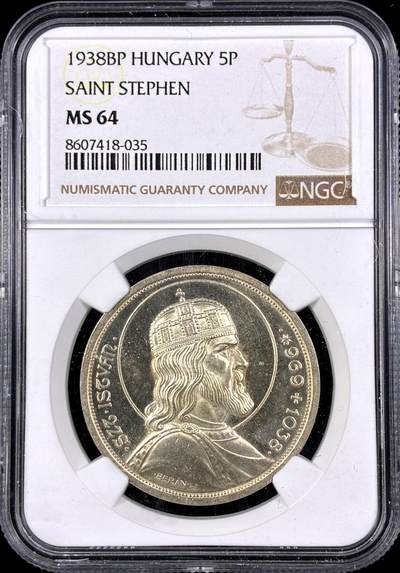 【雨安】【直播拍卖】【第0126期-评级币章】2026-03-07 周六 19:30 (金价1176, 银价22.16) - [评级欧洲] Hungary 匈牙利 5潘果 1938年 匈牙利首位国王圣斯蒂芬一世  NGC-MS64