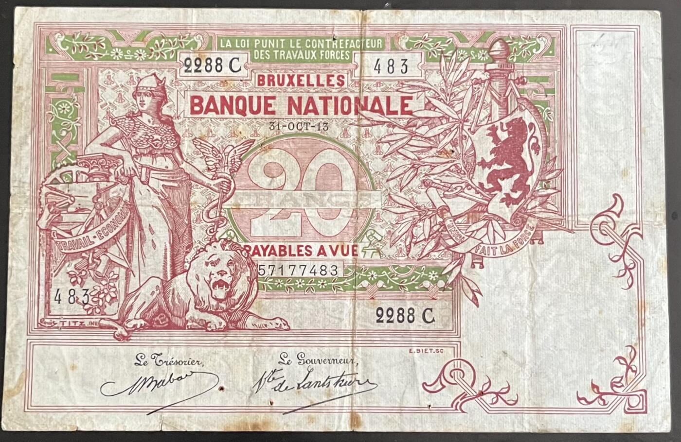 小福收藏拍卖第202期 流通品相裸钞 特惠场 本场全部为欧洲纸币【佣金仅收2% 不设最低佣金 全场包邮】 比利时 1913年 20法郎