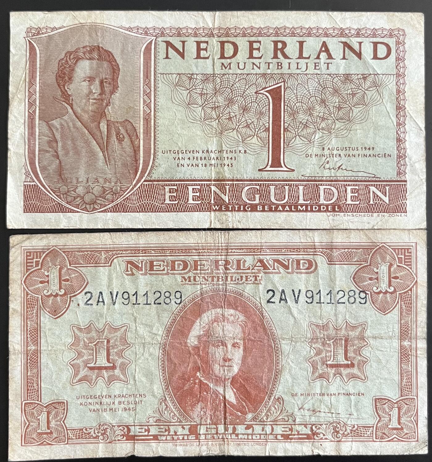 小福收藏拍卖第202期 流通品相裸钞 特惠场 本场全部为欧洲纸币【佣金仅收2% 不设最低佣金 全场包邮】 荷兰 1945年 1盾 1组2张