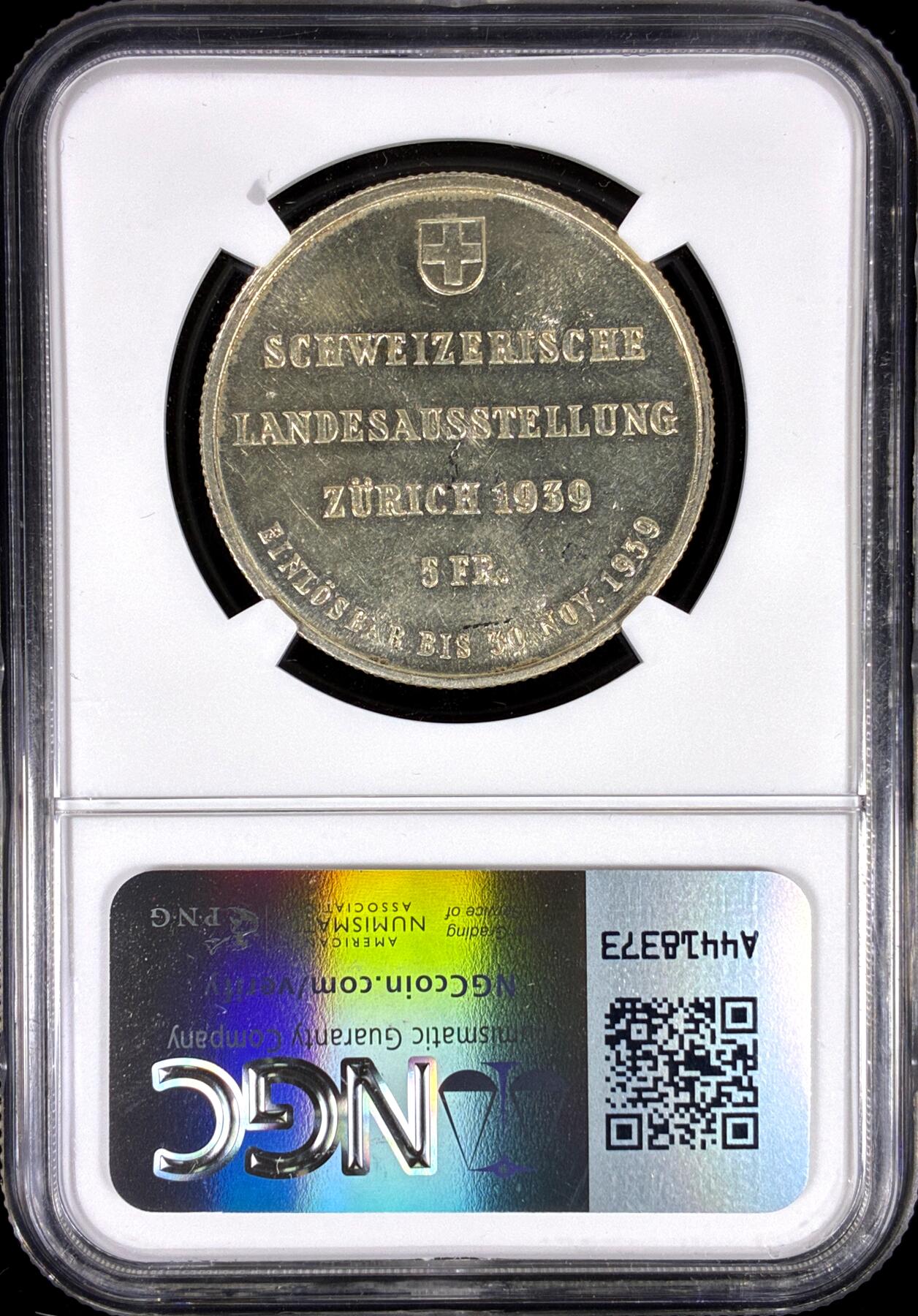 【雨安】【直播拍卖】【第0126期-评级币章】2026-03-07 周六 19:30 (金价1176, 银价22.16) [评级欧洲] Switzerland 瑞士 5法郎 1939年 苏黎世博览会 KM# 43  NGC-MS64
