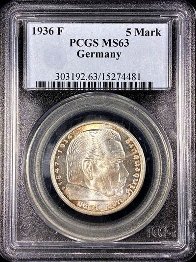 【雨安】【直播拍卖】【第0126期-评级币章】2026-03-07 周六 19:30 (金价1176, 银价22.16) - [评级德国] Germany 德国 第三帝国 5马克 KM#0086 (1935-1936) 兴登堡 1936年F  PCGS-MS63