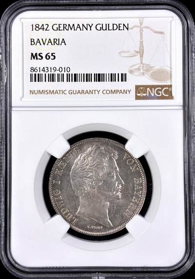 【雨安】【直播拍卖】【第0126期-评级币章】2026-03-07 周六 19:30 (金价1176, 银价22.16) - [评级德国] Germany 德国 德意志 1盾 Bavaria巴伐利亚 KM#0788 (1837-1856) 路德维希一世 1842年  NGC-MS65 顶级粉光, 底板无暇