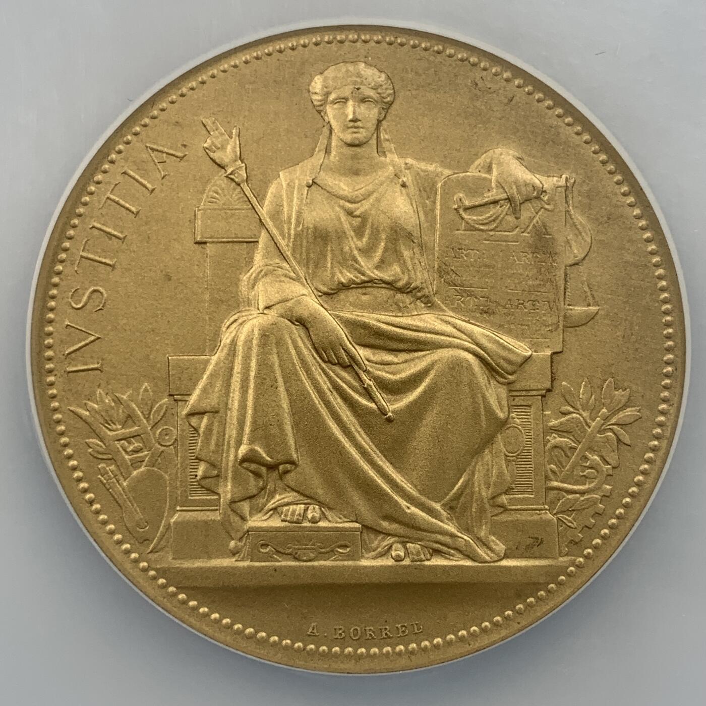 掌中浮雕-藏着的欧洲第053场 NGC MS66 ：1908年法国马赛商业法庭镀金银章，50mm