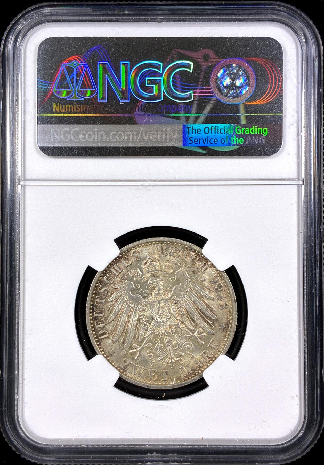 【雨安】【直播拍卖】【第0126期-评级币章】2026-03-07 周六 19:30 (金价1176, 银价22.16) [评级德国] Germany 德国 帝国 J.111 普鲁士 2马克 (1913) 军装花枝 1913年  NGC-MS62