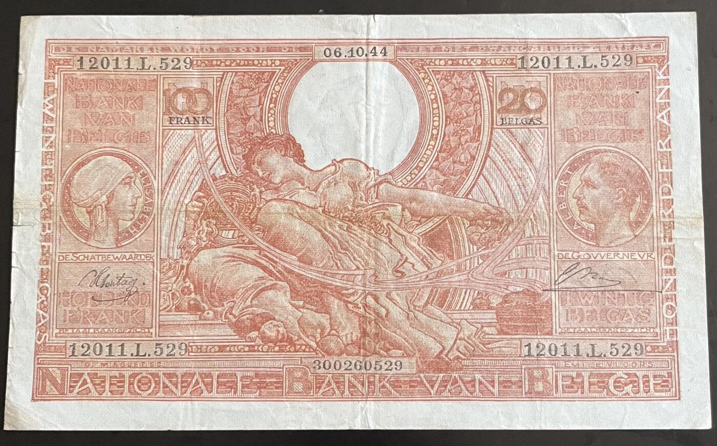 小福收藏拍卖第202期 流通品相裸钞 特惠场 本场全部为欧洲纸币【佣金仅收2% 不设最低佣金 全场包邮】 比利时 1944年 100法郎