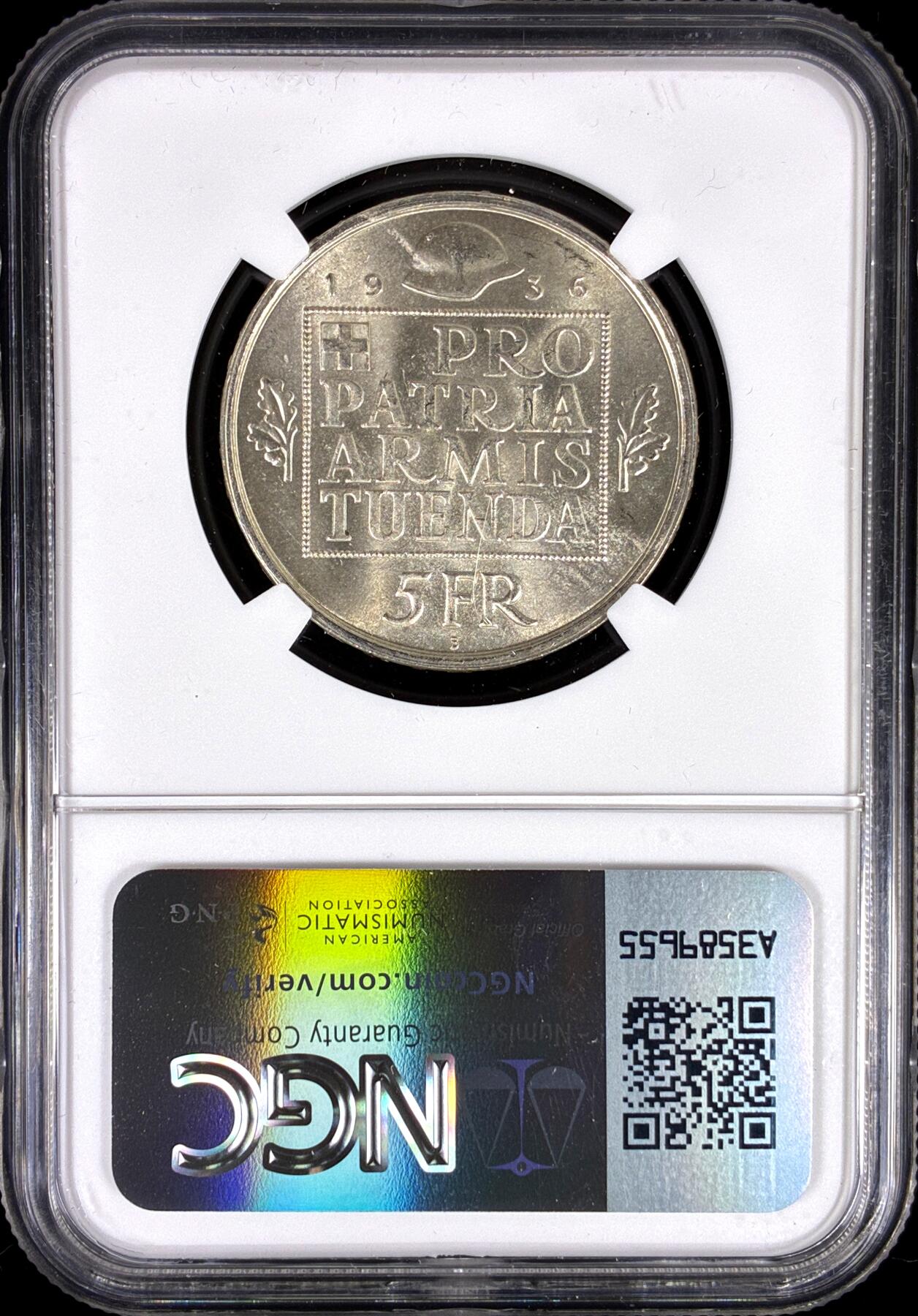 【雨安】【直播拍卖】【第0126期-评级币章】2026-03-07 周六 19:30 (金价1176, 银价22.16) [评级欧洲] Switzerland 瑞士 5法郎 1936年 军备基金 KM# 41  NGC-MS65