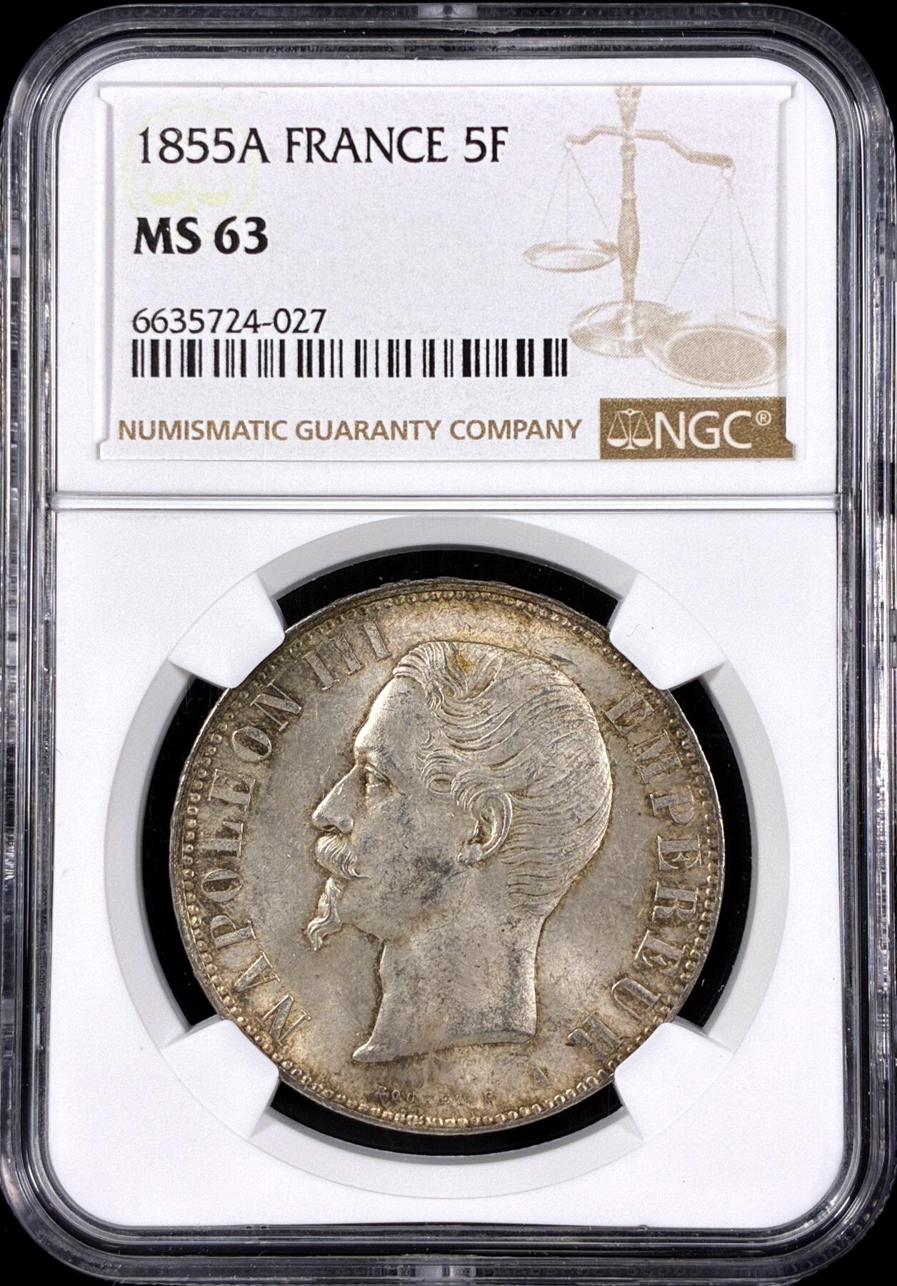 【雨安】【直播拍卖】【第0126期-评级币章】2026-03-07 周六 19:30 (金价1176, 银价22.16) [评级法国] France 法国 5法郎 KM#0782 拿破仑三世 光头小头 1855年  NGC-MS63