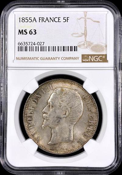 【雨安】【直播拍卖】【第0126期-评级币章】2026-03-07 周六 19:30 (金价1176, 银价22.16) - [评级法国] France 法国 5法郎 KM#0782 拿破仑三世 光头小头 1855年  NGC-MS63