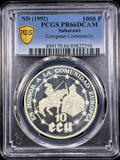 【雨安】【直播拍卖】【第0126期-评级币章】2026-03-07 周六 19:30 (金价1176, 银价22.16) - [评级现代] Saharawi 阿拉伯撒哈拉 1000比塞塔 1992年 欧盟 PCGS-PR66DCAM 精制币